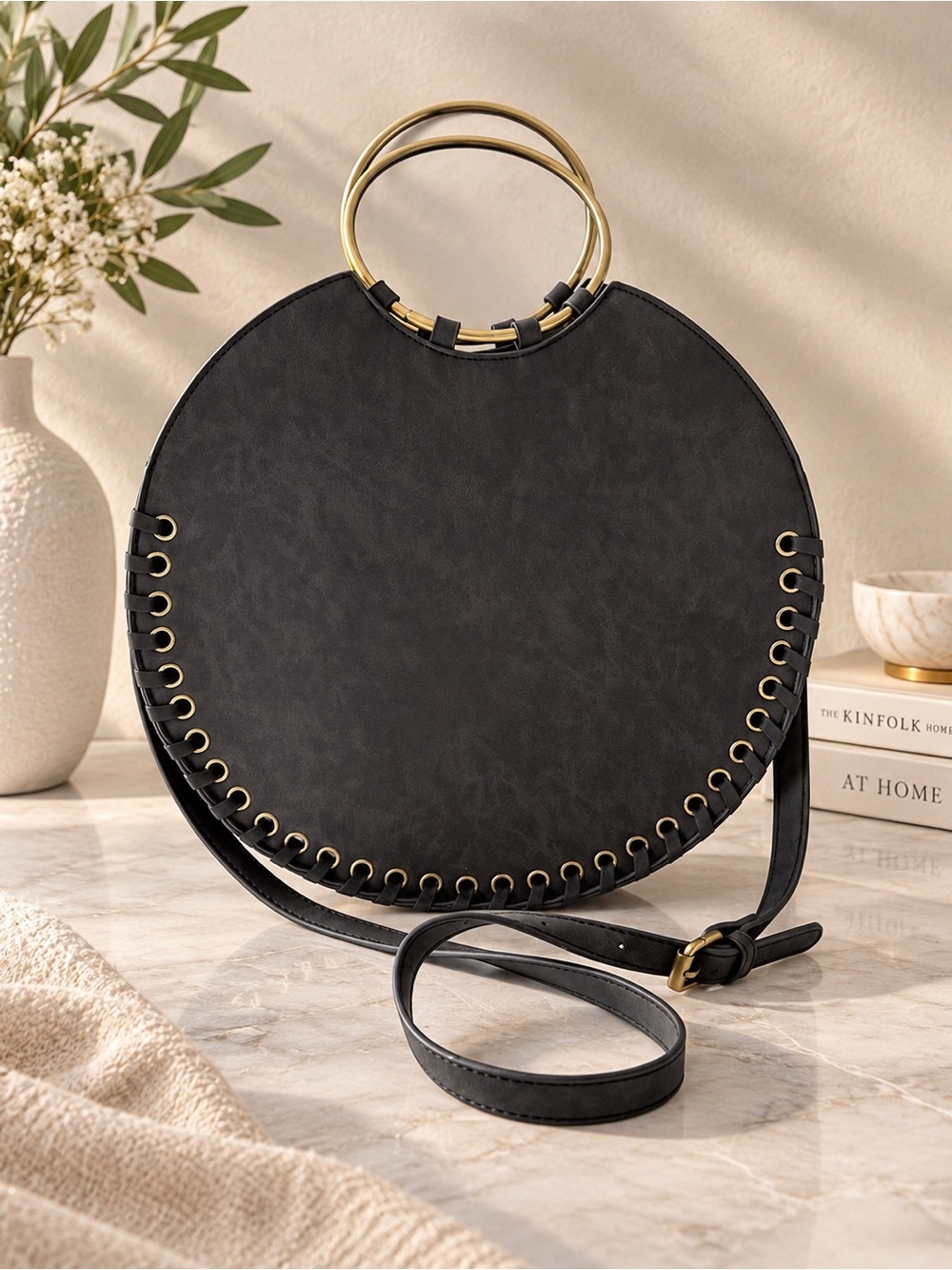 ANTHROPOLOGIE || Melanie Gray/Black Round Crossbody Bag